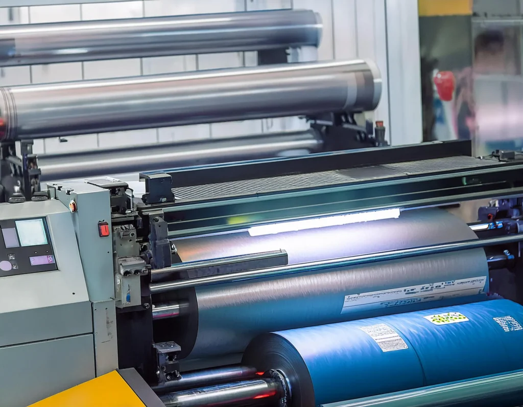Máquina de impresión flexográfica moderna según ISO 12647-6 en taller