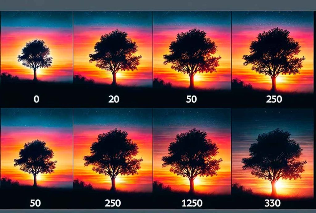 Evolución de la resolución de imagen de un árbol al atardecer, desde muy pixelado a claro