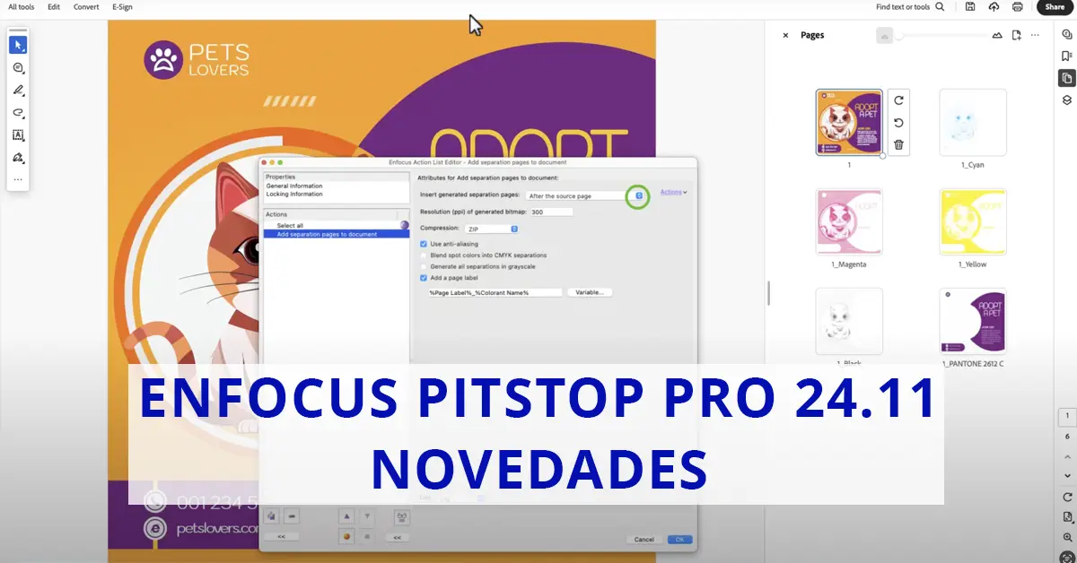 Blog Enfocus PitStop Pro 24.11 Novedades Artes gráficas Pantalla de Enfocus PitStop Pro 24.11 mostrando opciones de separación de colores en PDF
