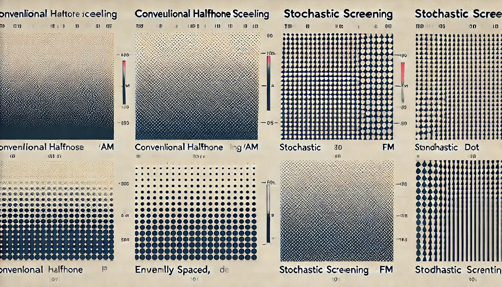 Blog Tramado FM vs AM Artes gráficas Imagen comparativa en formato apaisado que muestra las diferencias entre el tramado convencional (AM) y el tramado estocástico (FM) en impresión, destacando los detalles de cada técnica.