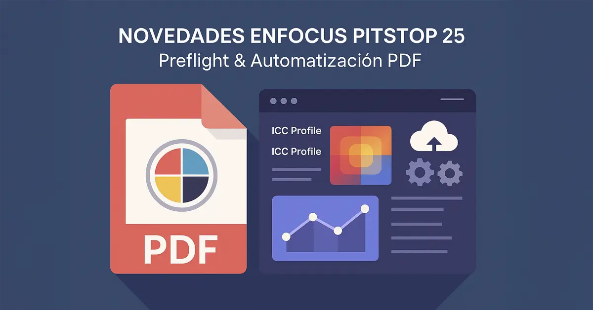 Ilustración con PDF, comparación de gamuts e iconos de automatización en Enfocus PitStop 25
