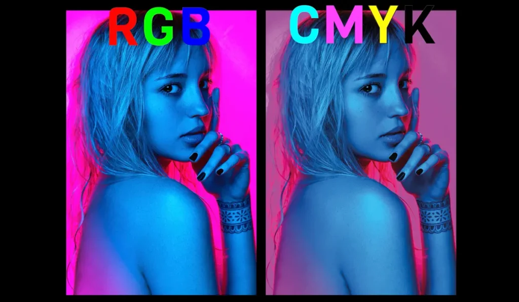 Diferencia visual entre RGB y CMYK al preparar arte final para imprenta Comparativa visual del mismo diseño en RGB y CMYK usada para explicar el arte final en imprenta